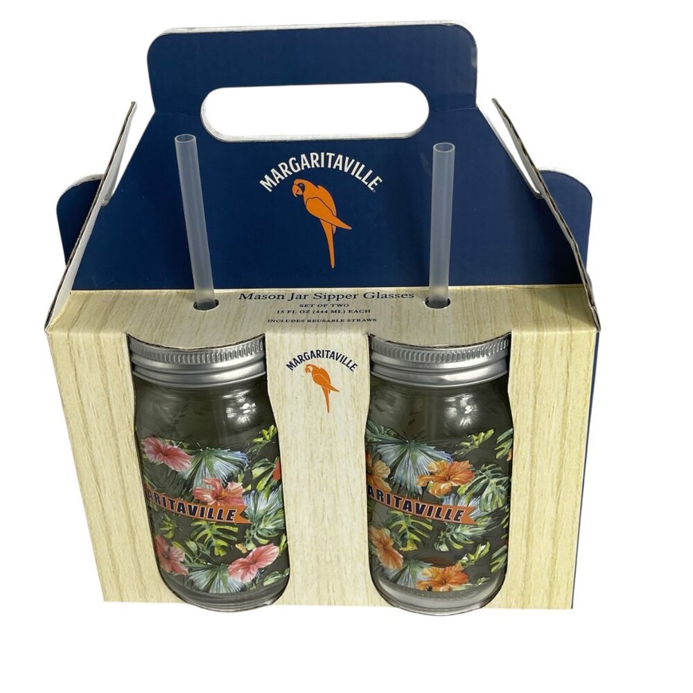 NEW in Box Margaritaville Tropical Mason Jar Sipper Glasses Set of 2 w/ Straws 1